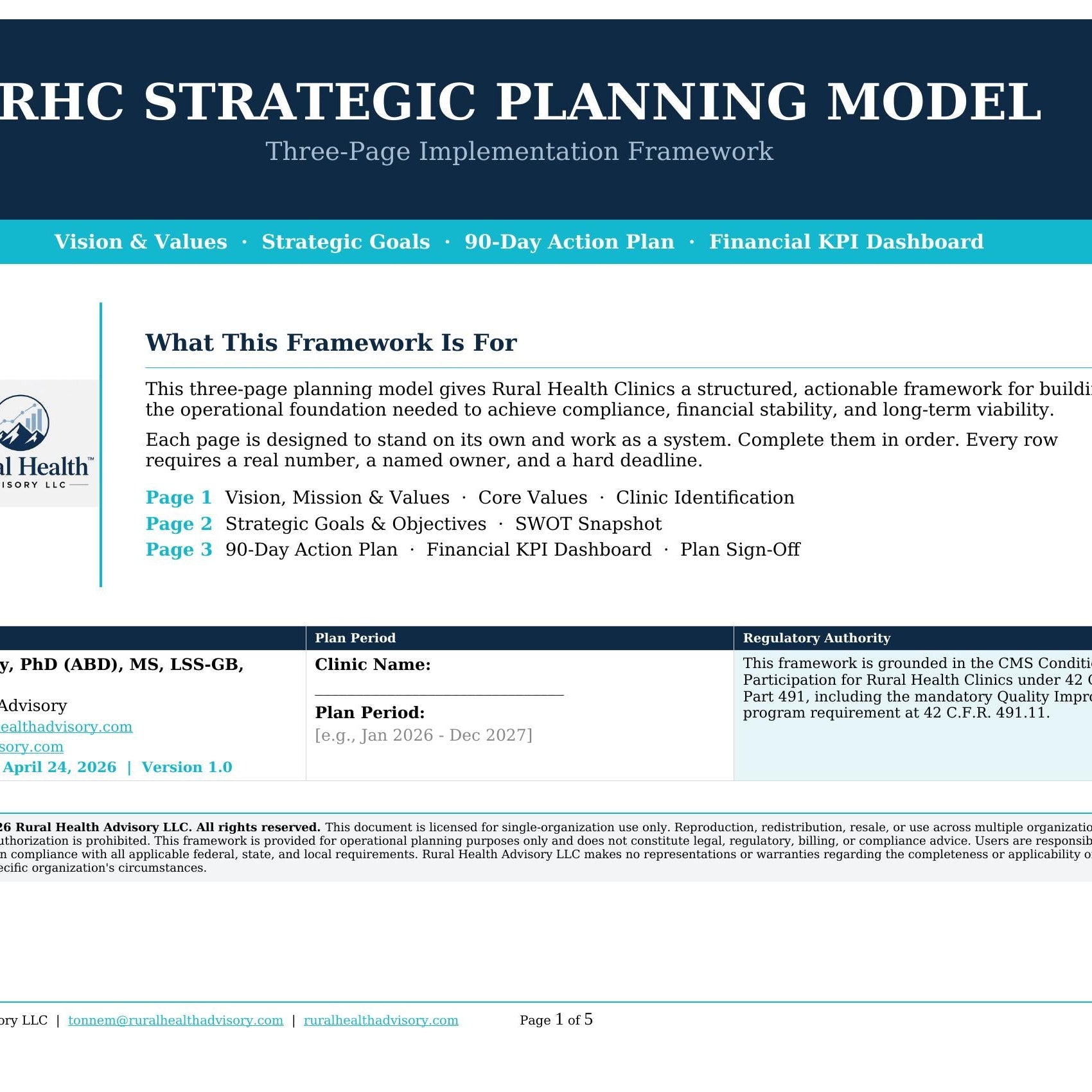RHC Strategic Planning Model: Three-Page Implementation Framework for Rural Health Clinics